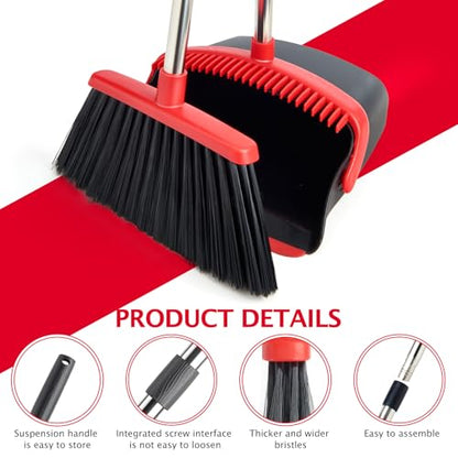Broom and Dustpan Set with Long Handle, Heavy Dust Broom and Dustpan Combo for Home，Kitchen, Office, Pet Hair (Black Red) - color: Red Black 1-pack