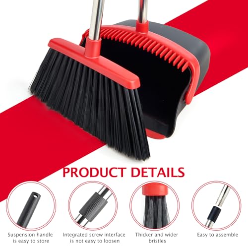 Broom and Dustpan Set with Long Handle, Heavy Dust Broom and Dustpan Combo for Home，Kitchen, Office, Pet Hair (Black Red) - color: Red Black 1-pack