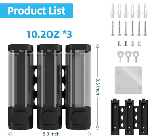 VITVITI Shampoo and Conditioner Dispenser for Shower Wall, Shower Soap Dispenser 3 Chamber No Drill Wall Mounted, 10.2 OZ Plastic Refillable Shower/Body Wash Bottles for Bathroom (Black) - color: Black