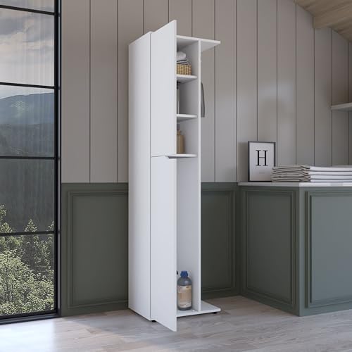 Austin Freestanding Broom Closet in White Finish Heavy Duty Storage for Household Tools and Accessories Easy to Clean Surface