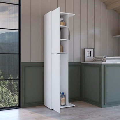 Austin Freestanding Broom Closet in White Finish Heavy Duty Storage for Household Tools and Accessories Easy to Clean Surface