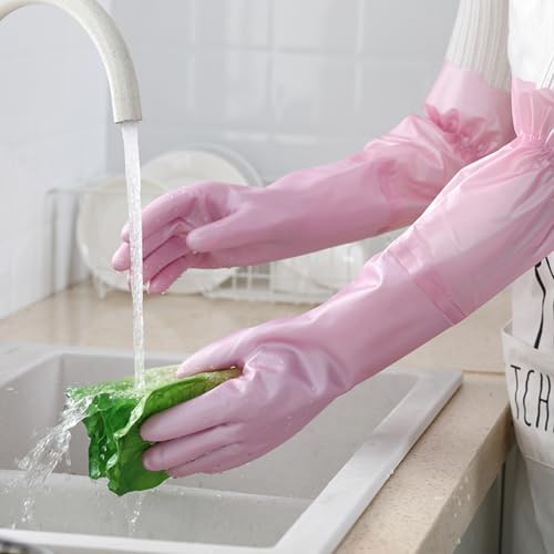 RARITYUS Household Kitchen Cleaning Gloves Waterproof Cotton Lined Dishwashing Non-Slip Long Cuff Gloves - color: Pink (Length 20.5'')