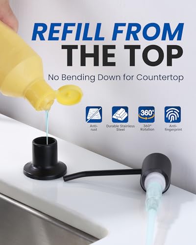 Built in Kitchen Sink Soap Dispenser: Stainless Steel Pump Head with 17 Ounce Large Soap Bottle, Easy Top Refill Design – No Bending Down for Countertop, Matte Black - color: Matte Black