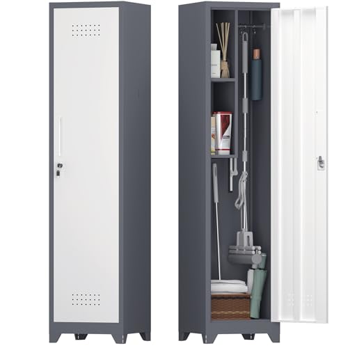 IRONFFICE Slim Cabinet,Narrow Broom Closet Storage Cabinets with Doors,Narrow Utility Closet with Hanging Rod,Slim Laundry Storage Cabinet for Garage,Living Room,Grey-White - color: Grey-white, size: indoor-65"H-1door