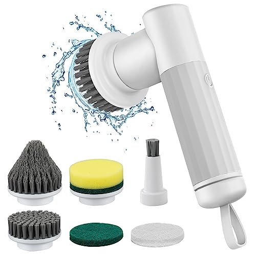 Electric Spin Scrubber,DEPURE Cordless Electric Cleaning Brush,Power Scrubber with 2 Rotating Speeds and 6 Replaceable Cleaning Brush Heads for Bathroom,Kitchen,Wall,Oven,Dish,Floor