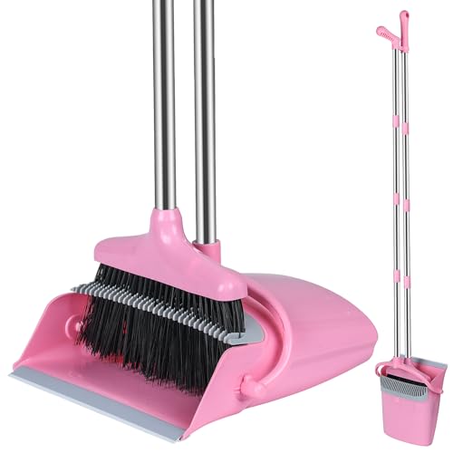 Broom and Dustpan Set, Broom with Dustpan Combo Set for Home Office Kitchen(Pink)