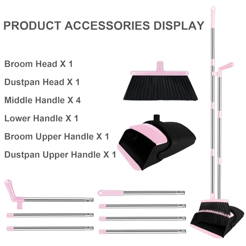 Pink Broom with Dustpan Combo Set, 51" Long Handle Household Cleaning Tool, Ideal Broom and Dustpan Set for Pet Hair and Home Use - color: Pink