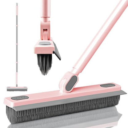 Floor Scrub Brush With Squeegee, Grout Brush With Telescopic Long Handle, V-Shape Floor Scrubber With Scrape Stiff Bristle for Shower Tile Grout Cleaning, Kitchen Bathroom Baseboard Deck Tool