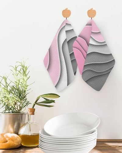 Geometric Pink Dish Towels Set,Waffle Weave Kitchen Towels 2 Pieces,Microfiber Hair Face Bath Tea Towel Absorbent Quick Drying Cleaning Dish Cloths,Abstract Ombre Grey White Modern Art 12"x12" - color: Pink, size: 2PCS,12"x12"