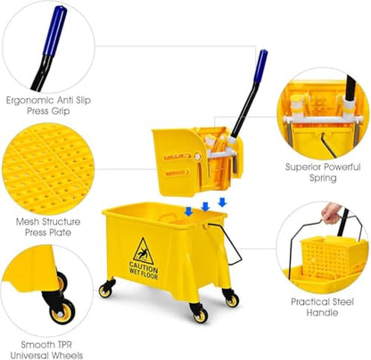 Mop Bucket, Commercial Bucket for Mopping on Wheels with Potable Handle, Mop Bucket with Wringer for Home, Household, Office, Bathroom, Yellow (21 Quarts) - size: 21 Quarts