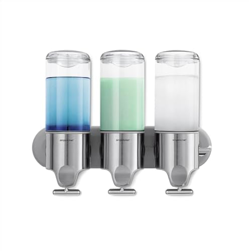 simplehuman Triple Wall Mount Pumps, Hotel-Grade Refillable 3-Chamber Shampoo Conditioner Body Wash Shower Dispenser, T-Bar Lever, No-Drill Install, for Bathrooms, Hotels, and Airbnbs, Stainless Steel - size: Triple