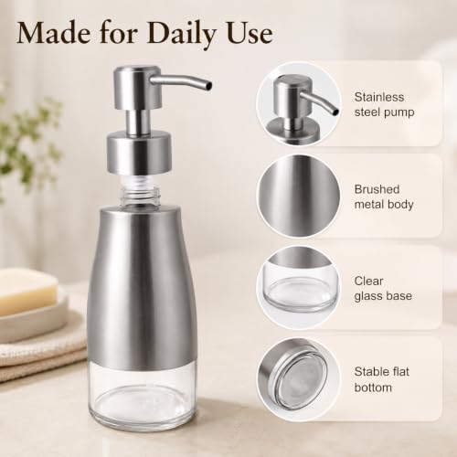 Non-Slip Soap Dispenser with Brushed Nickel Stainless Steel Case, Glass Liner, and Hand Pump for Kitchen/Bathroom. Refillable Liquid Soap Dispenser, 11oz/320ml Capacity. - color: Brushed Nickel, size: 300ml