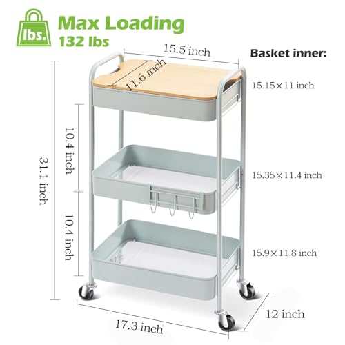 TOOLF 3-Tier Rolling Cart with Table Top, Metal Storage Cart on Wheels, Utility Organizer with Wooden Tray, Lockable Casters, Easy Assembly for Bathroom, Bedroom, Baby Room, Kitchen, Green - color: Green