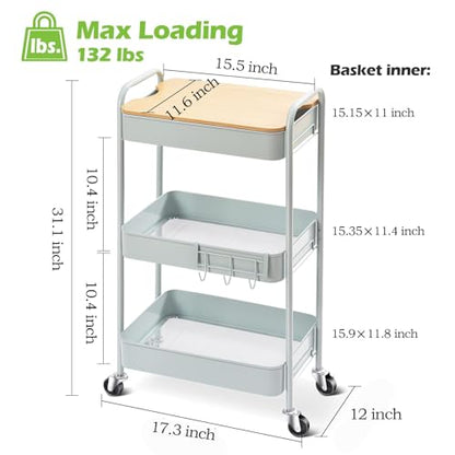 TOOLF 3-Tier Rolling Cart with Table Top, Metal Storage Cart on Wheels, Utility Organizer with Wooden Tray, Lockable Casters, Easy Assembly for Bathroom, Bedroom, Baby Room, Kitchen, Green - color: Green