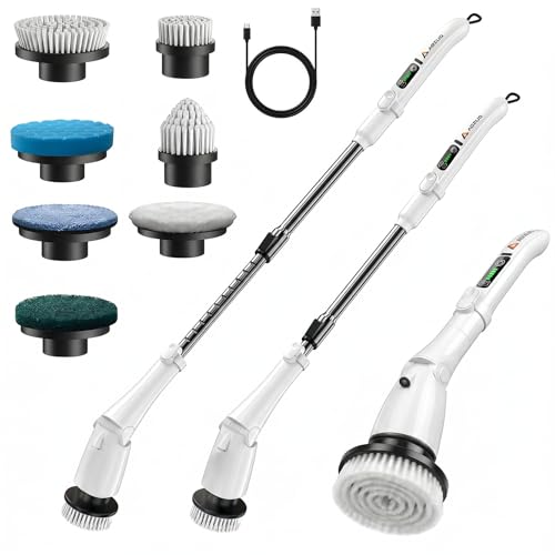 Electric Spin Scrubber, Power Cleaning Brush with 3 Speed Modes LED Light, 7 Replaceable Heads Cordless Shower Scrubber, Long Handle Extendable Scrubber for Bathroom, Floor, Tub, Tile, Grout