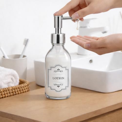 8 oz Clear Glass Pump Bottle, 250ml Small Lotion Dispenser Bottle for Body Massage Oil, Refillable Empty Hand and Dish Soap Dispensers Set with Plastic Silver Pump, Labels - 2 Pack - color: Clear With Silver Pump