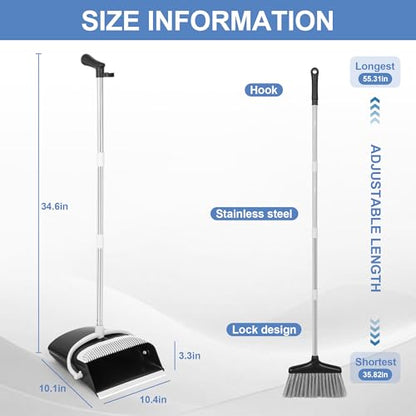 Broom and Dustpan Set with Long Handle, Upright Standing Design, Indoor Outdoor Cleaning Combo, Black and Gray