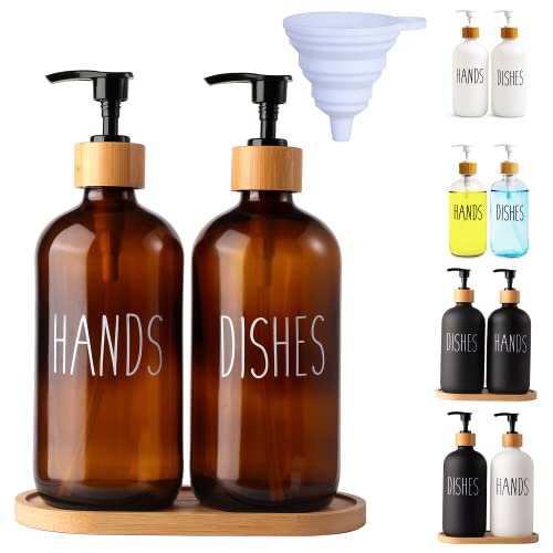 LOOCHICA Amber Glass Soap Dispenser Set with Tray, Amber Dish and Hand Soap Dispenser Set, Refillable Reusable Apothecary Soap Pump Dispenser Bottles for Bathroom and Kitchen - color: A04-2xamber