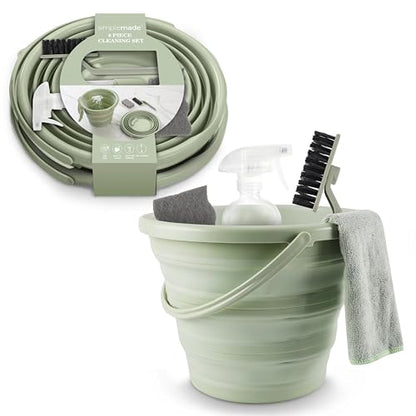 SIMPLEMADE Collapsible Bucket Cleaning Set - Includes 2 Foldable Buckets, Spray Bottle, Rag, Scrubbing Brush and Sponge - Holds Up to 10 liters, Easy Storage, All-Purpose Cleaning Solution - color: Sage