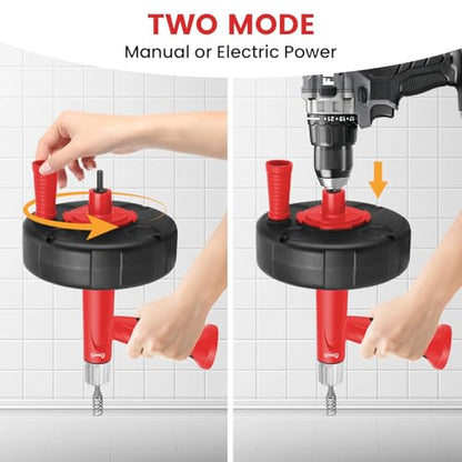 XJX Drain Auger, Plumbing Snake with Drill Adapter, 25FT Flexible Steel Drain Clog Remover, Manual or Powered for Kitchen, Bathroom & Shower Sink, with Gloves and Storage Bag Red - color: Red