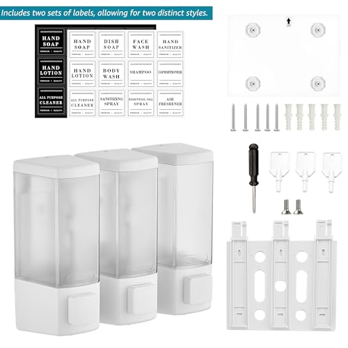 Shampoo and Conditioner Dispenser for Shower,3 Chamber,White | Wall Mounted, No Drill, 3×16.9oz,ABS Plastic Material,Refillable With Labels, For Bathroom Hotel - color: White