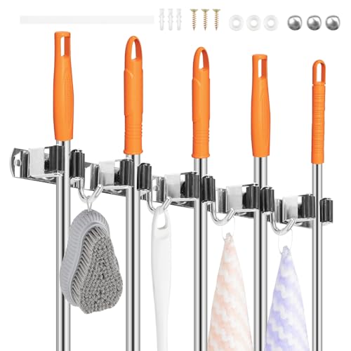 2 Pack Broom Holder Wall Mount 5 Racks 4 Hooks Stainless Steel Broom Mop Holder Anti Slip Storage Rack Strong Load Bearing Waterproof Broom and Mop Organizer Wall Hanging for Bathroom Kitchen Garage