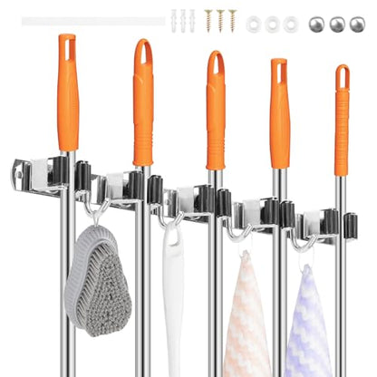 2 Pack Broom Holder Wall Mount 5 Racks 4 Hooks Stainless Steel Broom Mop Holder Anti Slip Storage Rack Strong Load Bearing Waterproof Broom and Mop Organizer Wall Hanging for Bathroom Kitchen Garage