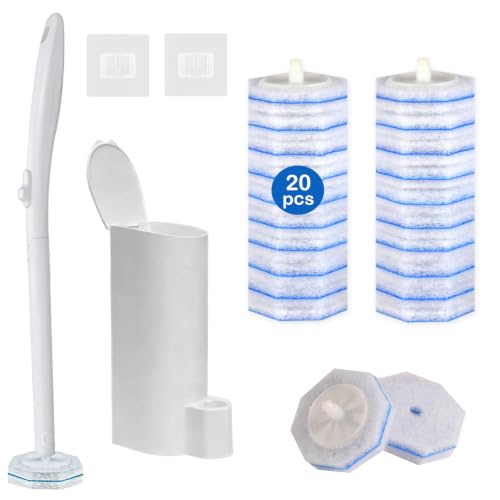 Toilet Brush and Holder Set - Disposable Toilet Bowl Wand Refills with Toilet Bowl Cleaners, Toilet Brush Set Includes 20 Refill Heads, Wand & Storage Caddy - 5X Cleaning Power - size: Starter Kit+20 Refill Heads