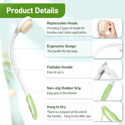 Fanwer 3 in 1 Lotion Applicator for Back Self Elderly & Back Bath Brush for Shower for Men and Women with Long Handle, 18.9in Curved Long Handled Shower Body Brush, Back Scrubber for Shower - size: 1pc 18.9"