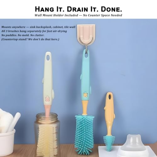 Baby Bottle Brush Set 3-in-1, Silicone Brush with Wall Mount Holder, 11" Long Handle + Nipple Brush + Straw Cleaner for Cups & Straws – BPA Free (Pink) - color: Pink