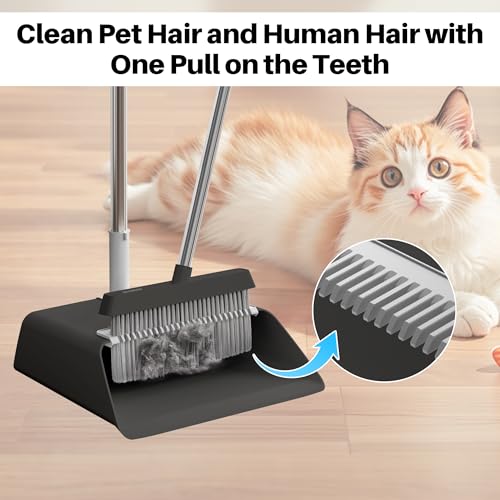 JOYMOOP Black Broom and Dustpan Set, Upright Angle Design with Built-in Comb Teeth for Home, Office, Hardwood Floors, Pet Hair - color: Black & Grey