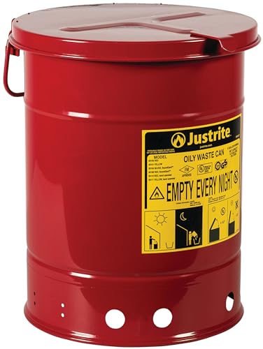 Justrite 6 Gallon Galvanized Steel Oily Waste Can, 16" x 12" Metal Oil Rag Safety Can with Hand Operated Self-Closing Lid for Oil Rag Disposal, Made in The USA, Red, 09110 - color: Red, size: 6 Gallon, style: Hand-Operated Lid