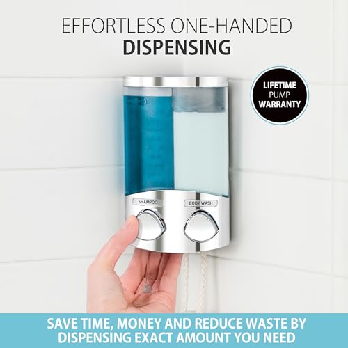 Better Living EURO Shower Dispenser Wall Mount Shower Soap Dispenser for Bathroom Hotel Body Wash, Corner or Flat Wall Shower Shampoo Dispenser, Built-in Hooks, 2 x 10.5 oz, Chrome, 2-Chamber - size: 2-Chamber