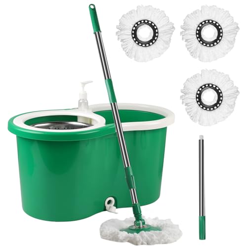 Spin Mop and Bucket with Wringer Set, 360° Spinning Mop Bucket System with 3 Microfiber Mop Replacement Heads and 61" Stainless Steel Adjustable Handle for Floor Cleaning (20QT) - color: Green