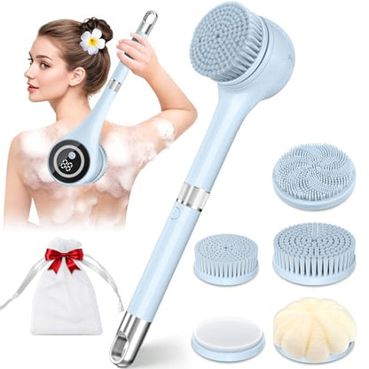 Electric Body Brush Back Scrubber for Shower, Waterproof Rechargeable Auto Bath Brush with Long Handle, 5 Replaceable Heads & 3 Speeds, Deep Cleansing Exfoliating Massage Spin Scrubber for Men & Women - color: Blue.