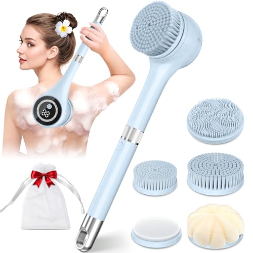 Electric Body Brush Back Scrubber for Shower, Waterproof Rechargeable Auto Bath Brush with Long Handle, 5 Replaceable Heads & 3 Speeds, Deep Cleansing Exfoliating Massage Spin Scrubber for Men & Women - color: Blue.