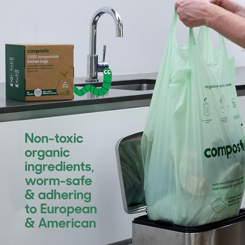 Compostic Compostable Trash Bags, 13 Gallon Tall Kitchen (100 Count) Bulk Pack — Extra Strong, Home Compostable, Plant-Based, Non-Toxic, Unscented Garbage Bags - size: 100 Count (Pack of 1), style: Tall 13 Gallon