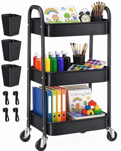 3 Tier Black Rolling Cart with Wheels, Metal Three Tiered Utility Roller Shelf on Wheels, Storage Carts Organizer for Craft, Art Supply, Snack, Laundry, Bathroom, Baby Essentials, Diaper Caddy,Nursery - color: Black, size: 3 Tier+Cups+Hooks