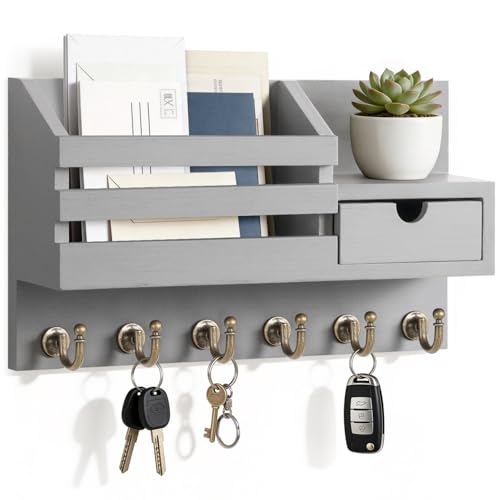 FifthQuarter Key and Mail Holder for Wall, Mail Organizer Wall Mount with 6 Hooks and Storage Drawer, Easy Installation Key Rack for Entryway and Home Decor (A-Grey) - color: A-Grey