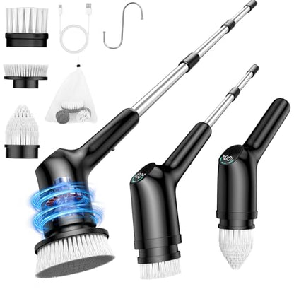 Shower Scrubber with Long Handle for Cleaning Bathroom, Electric Spin Scrubber Cleaning Brush with IPX7 Waterproof & 2Speed, 3Brush Heads, Bathroom Cleaning Supplies for Shower Tub Tile Toilet, Black - color: Black