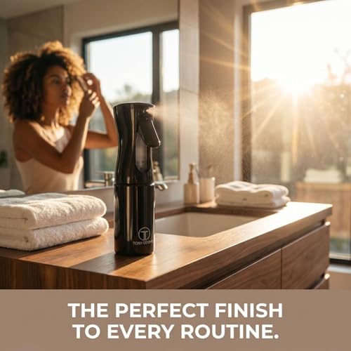 Professional Continuous Fine Mist Spray Bottle – Refillable Ultra-Fine Mister w/ 360° Spray for Hair Styling, Curls, Plants & Household Cleaning – Sleek Black Design for Salon or Home Use