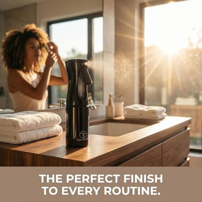 Professional Continuous Fine Mist Spray Bottle – Refillable Ultra-Fine Mister w/ 360° Spray for Hair Styling, Curls, Plants & Household Cleaning – Sleek Black Design for Salon or Home Use