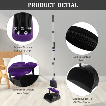 Broom and Dustpan Set, 51" Long Handle Broom with Dustpan Combo Set, Windproof and Self-Cleaning Teeth, Purple Household Dust Pan Set Sweep Kitchen Office Lobby Pet Room - color: Purple