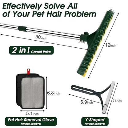 Carpet Rake for Pet Hair Removal, 60’’ Dual-Side Pet Hair Removal Tool with Adjustable Handle, 3 in 1 Reusable Lint Remover Dog Cat Fur Remover Broom for Rugs, Mats, Beds, Stairs, Couch