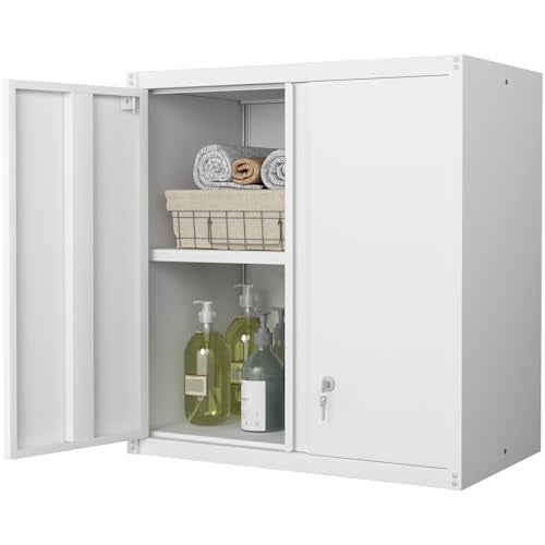 Metal Wall Cabinets, Kitchen Wall Hanging Cabinet, Locking Steel Storage Cabinets with Adjustable Shelves and Locking Doors, Wall Mount Tool Cabinet for Garage, Home, White - color: White, size: 28''H-2 doors
