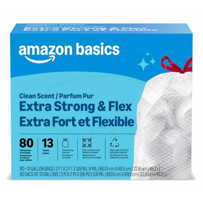 Amazon Basics Ultra-Force Tall Kitchen Drawstring Trash Bags, Classic Clean Scented, 13 Gallon, 80 Count, Pack of 1, Packaging May Vary