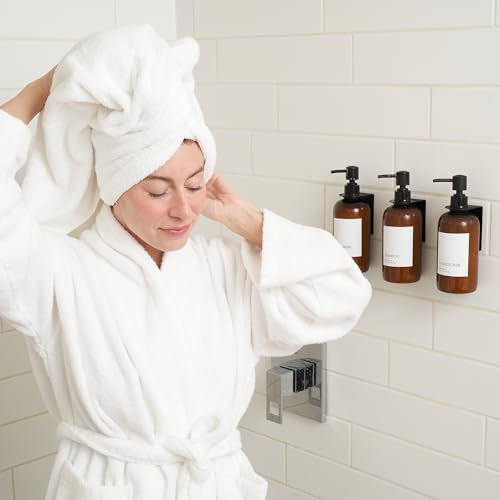Stylish Shampoo and Conditioner Dispenser Set of 3 for Wall Mount - Modern Drill Free 21oz Shower Soap Bottles with Labels - Easy Refill Body Wash Dispensers for an Instant Bathroom Decor Upgrade