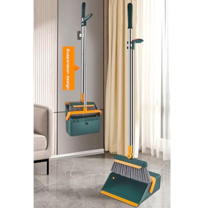 Broom and Dustpan Set, Foldable Standing Soft Bristle Broom and Dustpan Combination Household Broom with Comb Teeth for Home Kitchen Room Office Lobby Floor Use