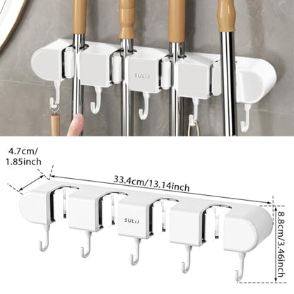 2Pcs Broom Holder Wall Mount, No-Drilling Self-Adhesive Mop and Broom Storage Rack with Hooks (4 Racks with 5 Hooks), Wall-Mounted Broom Hanger for Bathroom, Kitchen, Closet, Garage (White ﻿) - color: White ﻿