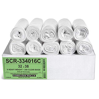 Aluf Plastics Trash Bags - (Commercial 250 Pack) - Source Reduction Series Value High Density 16 Micron Gauge (equiv) - Intended for Home, Office, Bathroom, Paper, Styrofoam - color: Clear, style: 33 Gal, 16 Micron Equiv, 250 Count